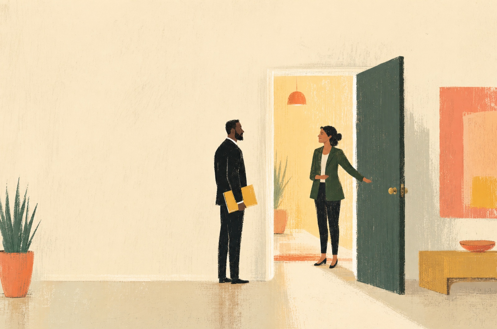 An advisor holding the office door open, warmly welcoming a client carrying a folder