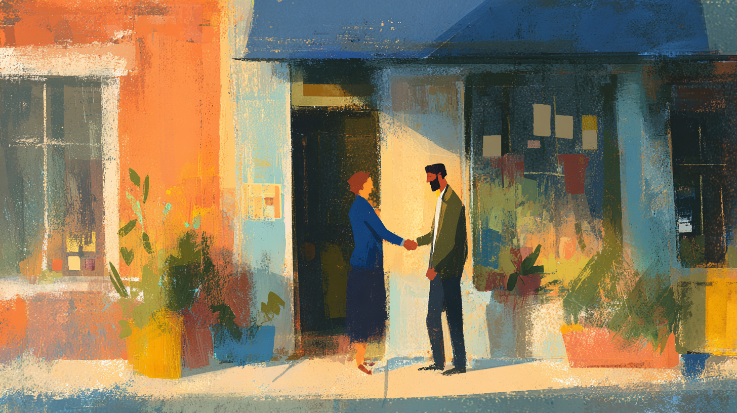 A lawyer and client shaking hands in warm afternoon light in front of a small independent law firm office