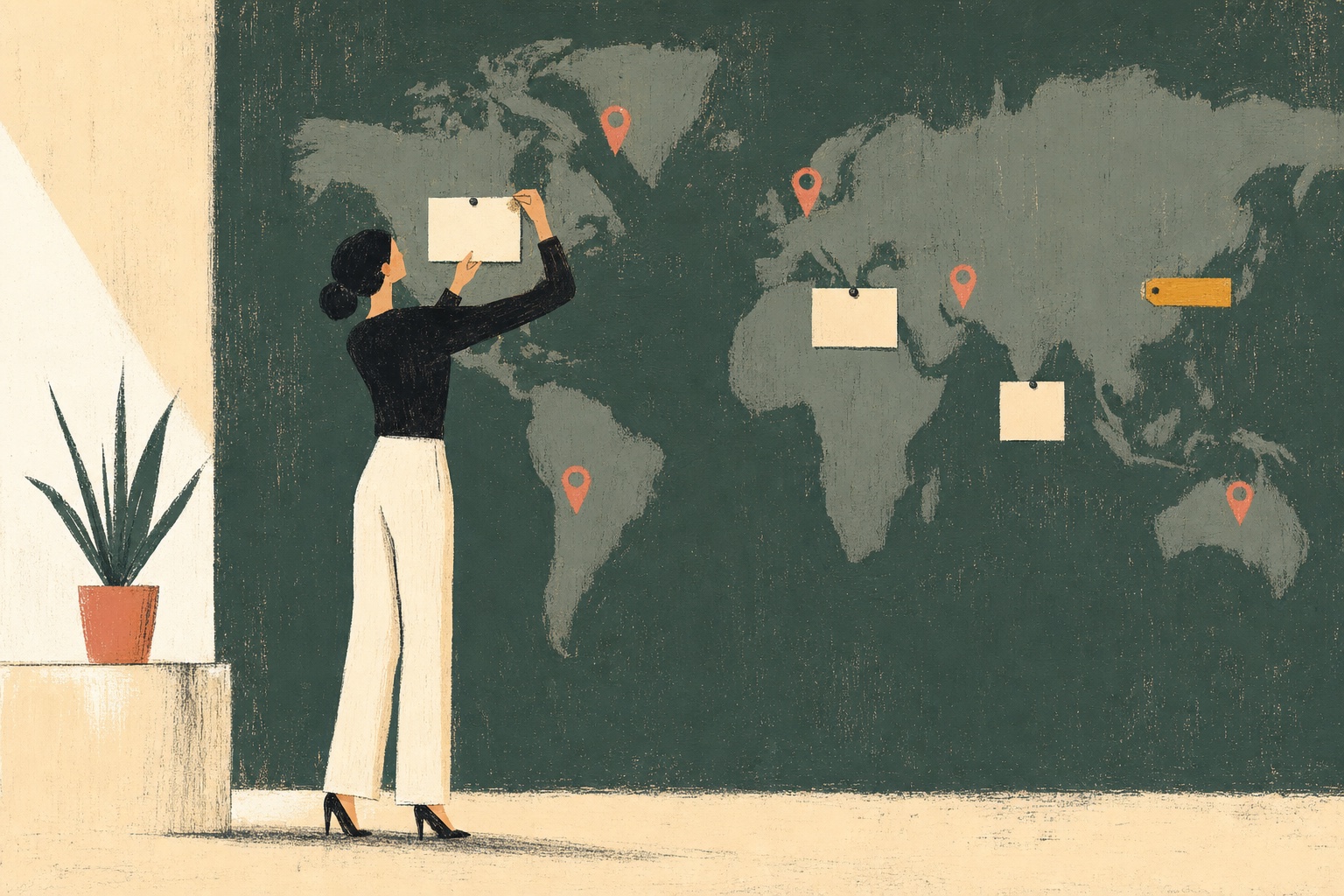A woman pinning notes to a large map on a dark green wall