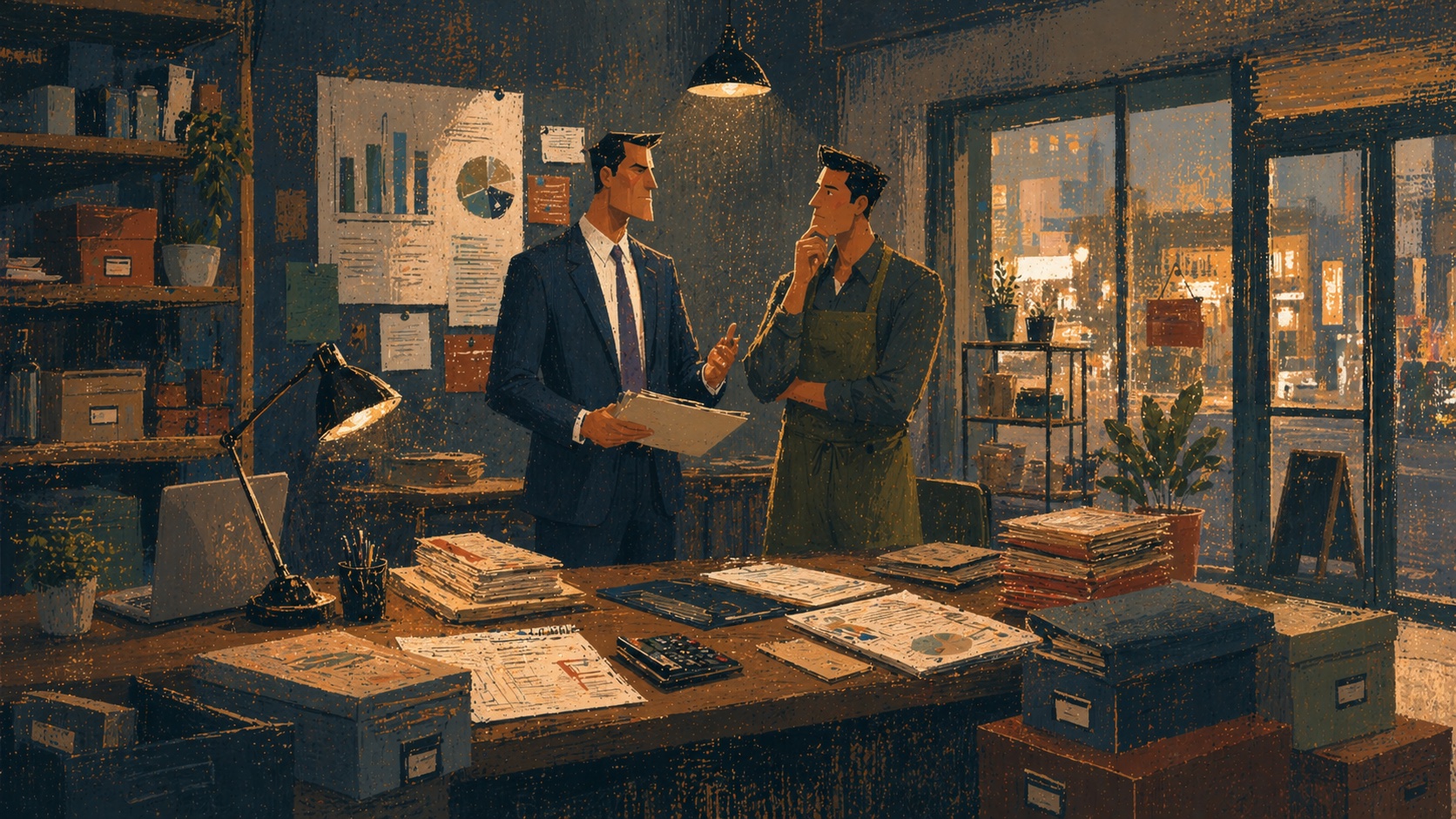 Illustration of a bankruptcy attorney helping a small business owner restructure