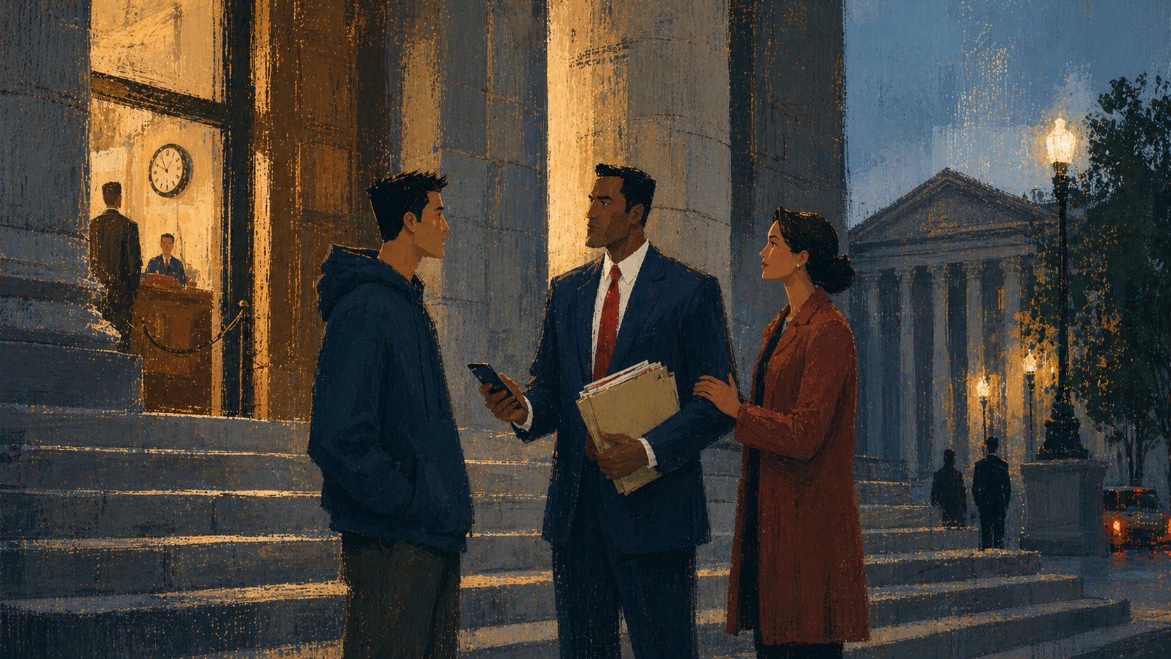 Illustration of a criminal defense attorney outside a courthouse at dusk
