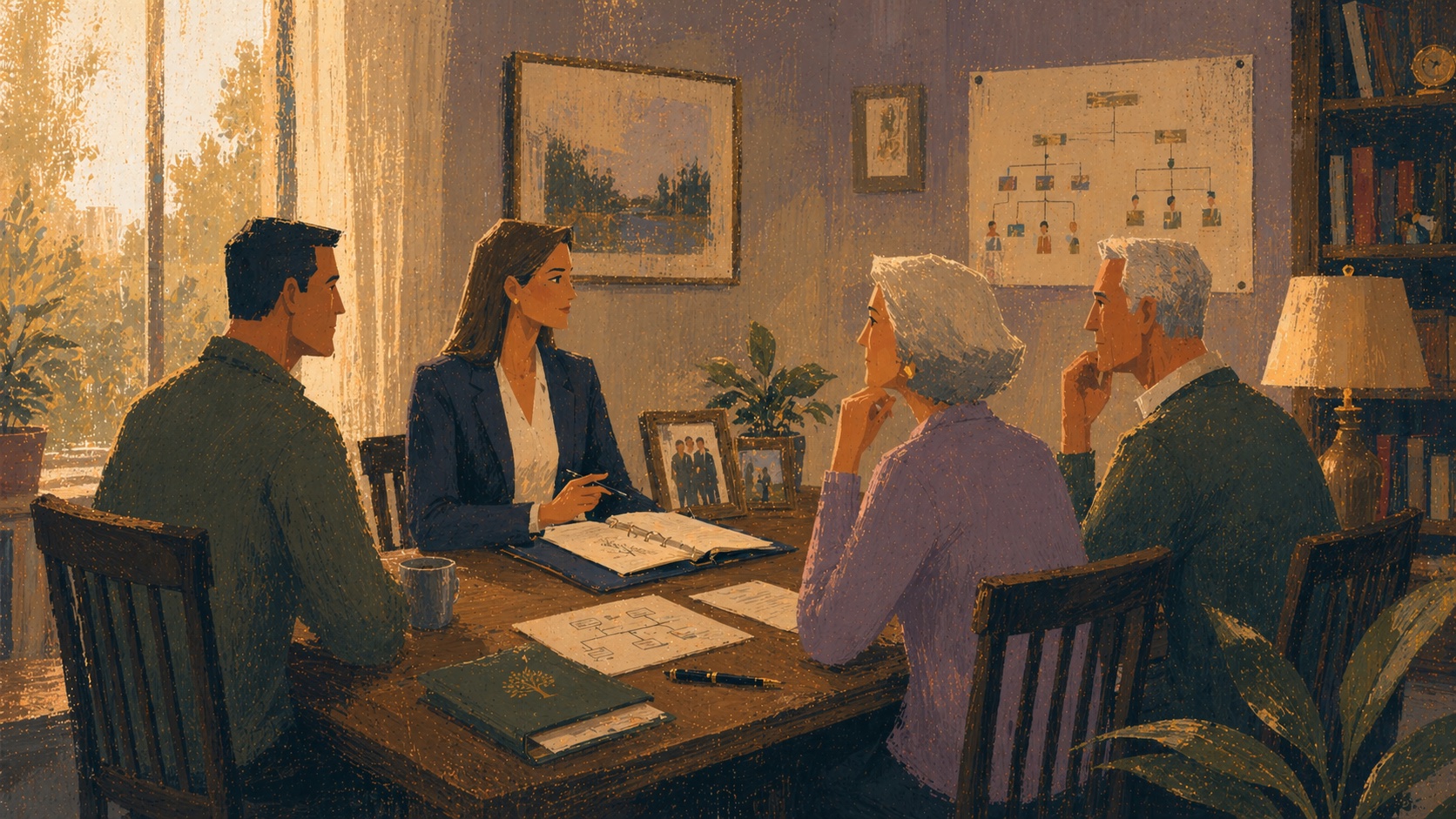 Illustration of an estate planning attorney meeting with a family at home
