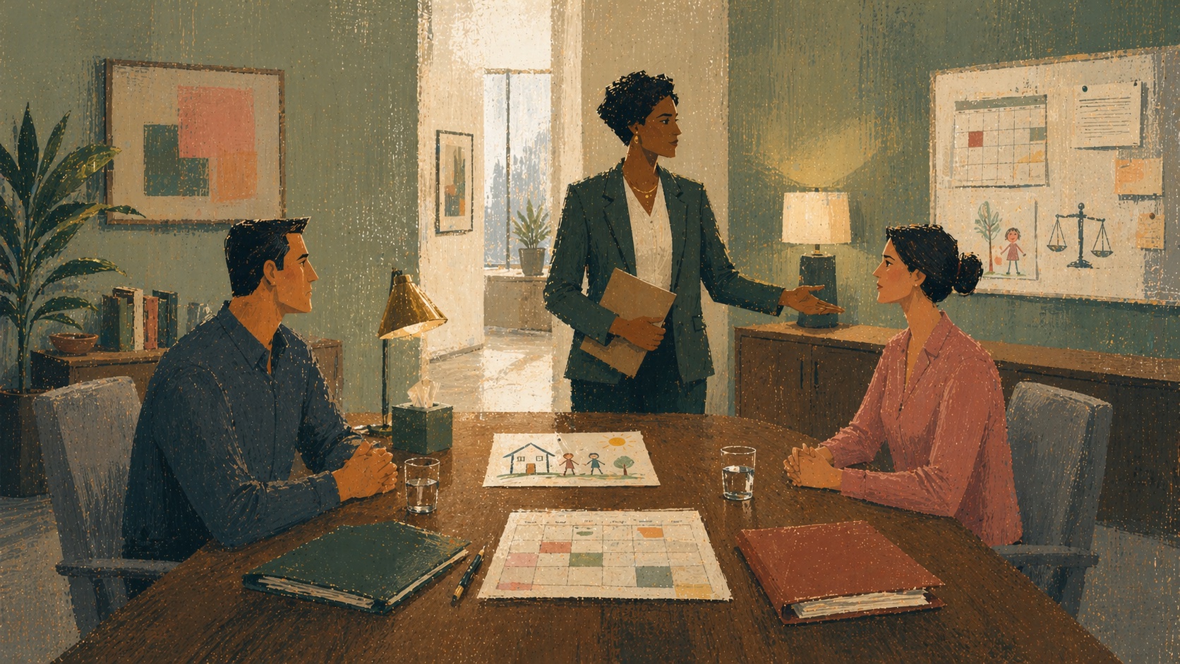 Illustration of a family law attorney guiding a mediation conversation