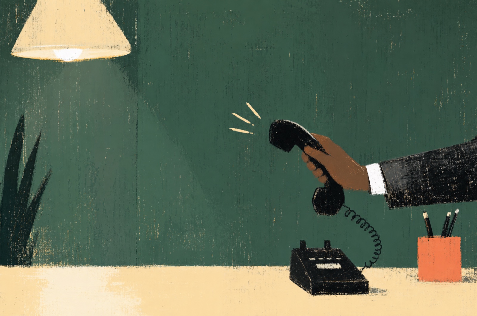 A hand lifting a ringing desk phone