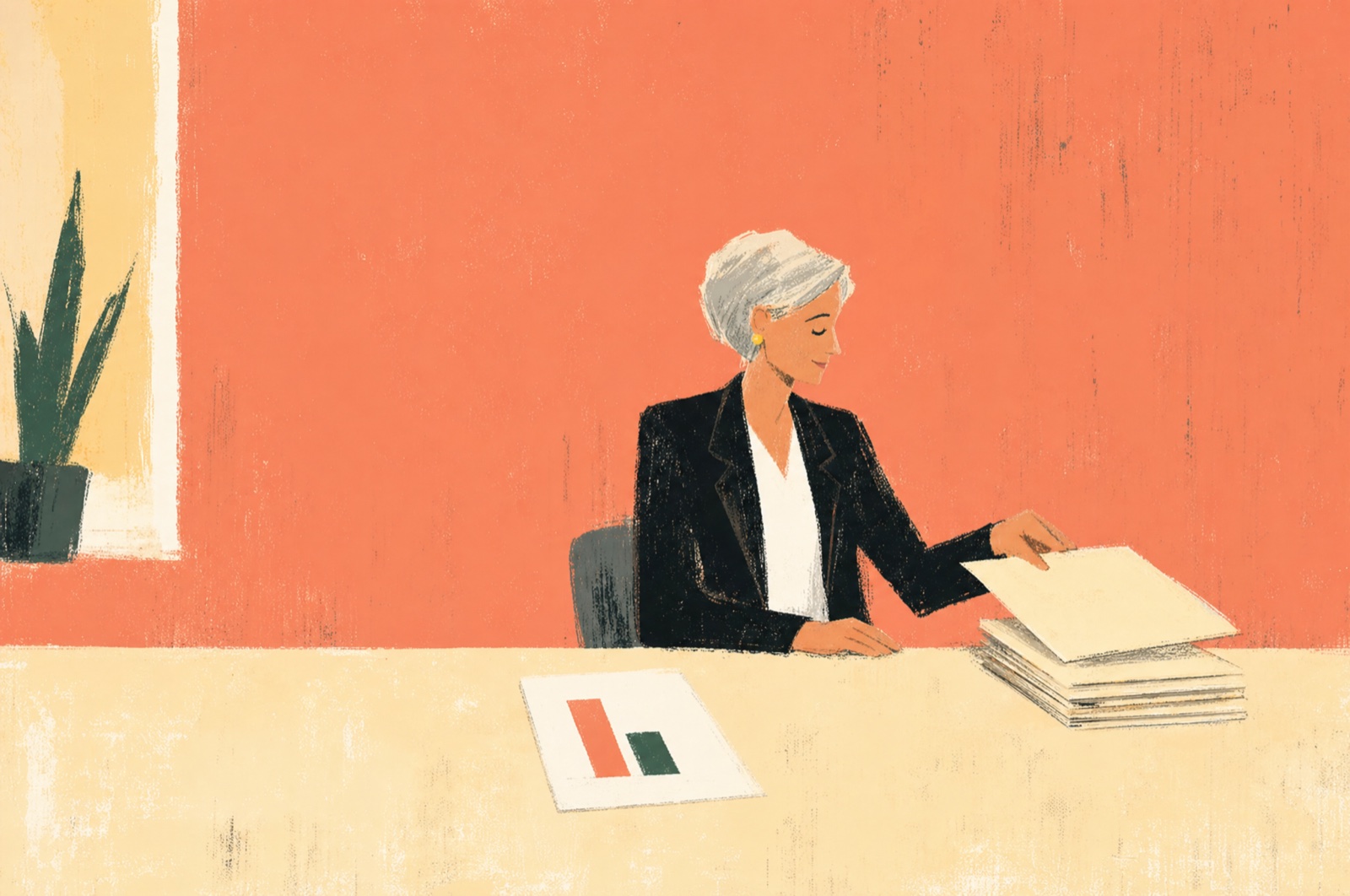 An attorney setting one signed folder on top of a short stack at her desk