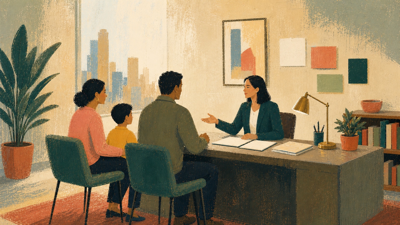 Illustration of an immigration attorney meeting with a family in a community law office