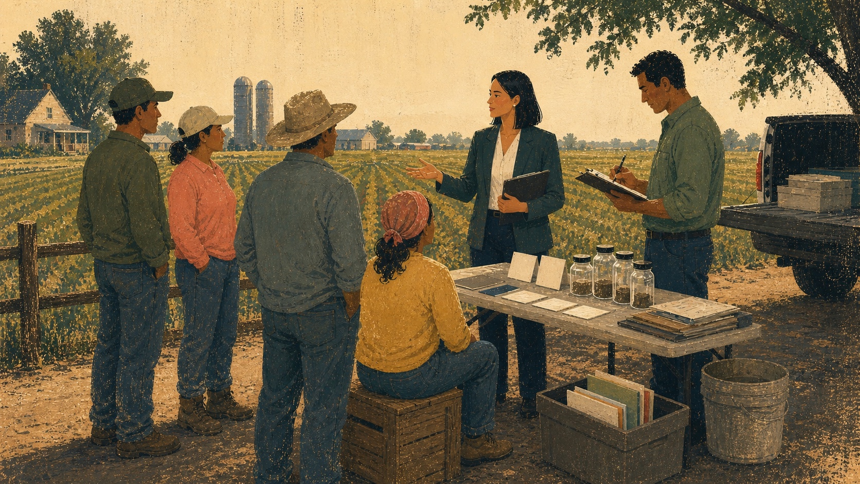 Illustration of a mass tort attorney gathering evidence near a farm field