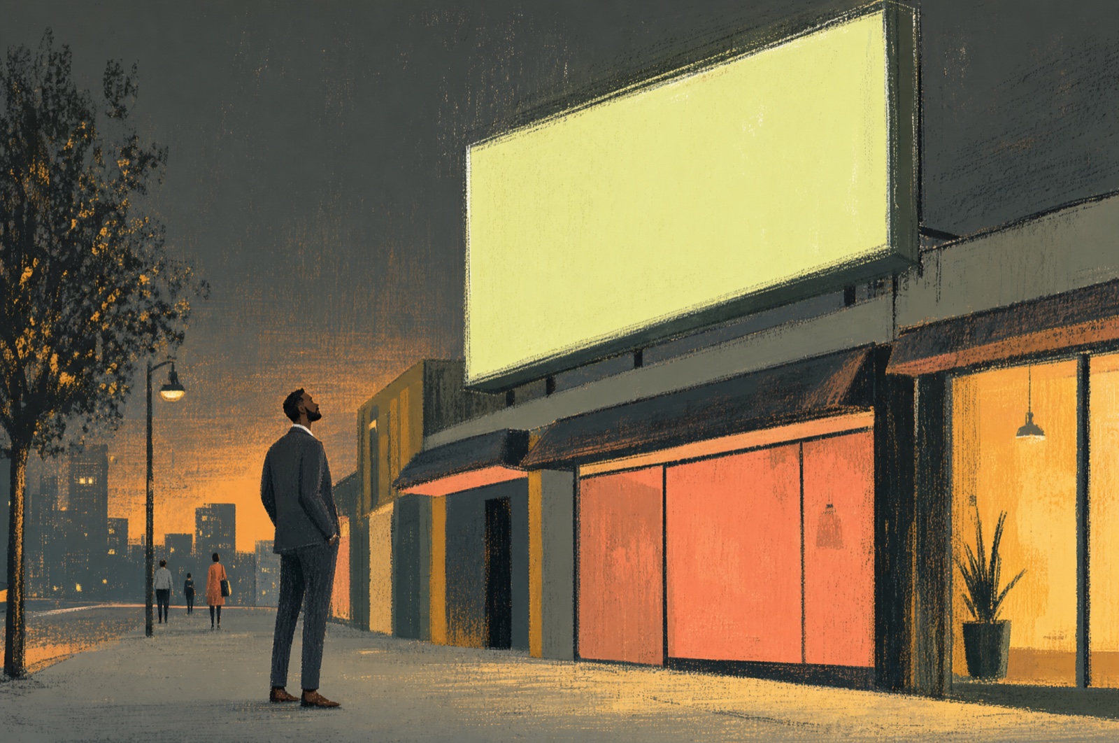 Painterly illustration of a lawyer on the sidewalk at dusk looking up at a large glowing billboard above the storefronts