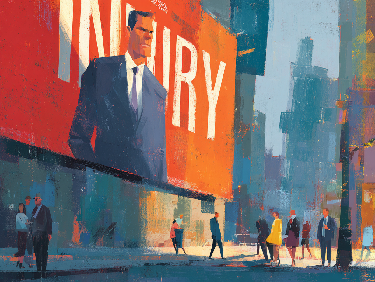 Painterly illustration of a large city billboard reading INJURY, with diverse people on the sidewalk looking up at it