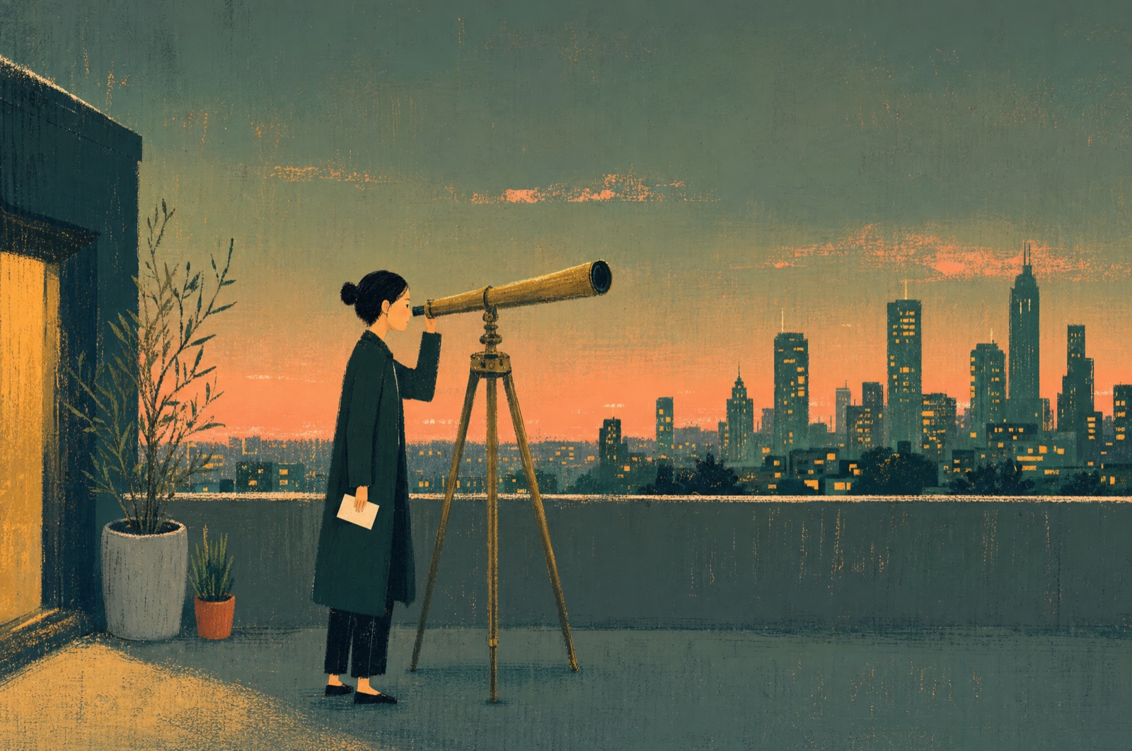 A market analyst at a telescope scanning a painted city skyline at dusk