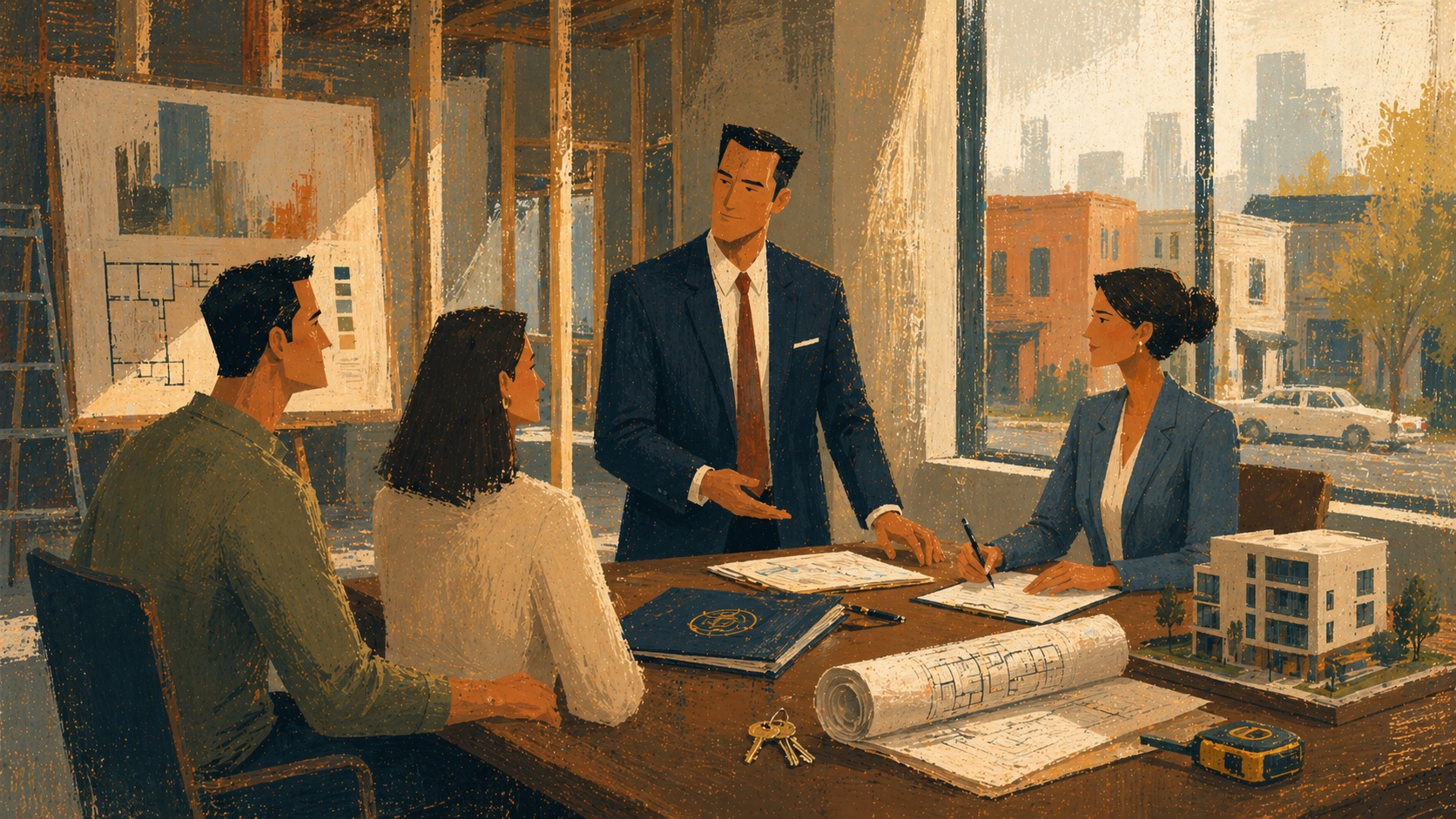 Illustration of a real estate attorney at a property closing table