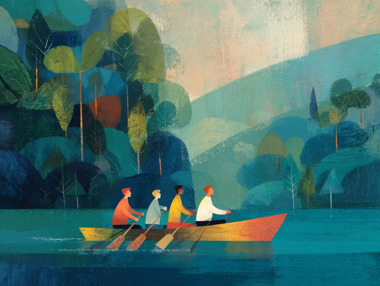 A diverse crew rowing in unison in a single wooden boat on calm water, with forested hills in the background
