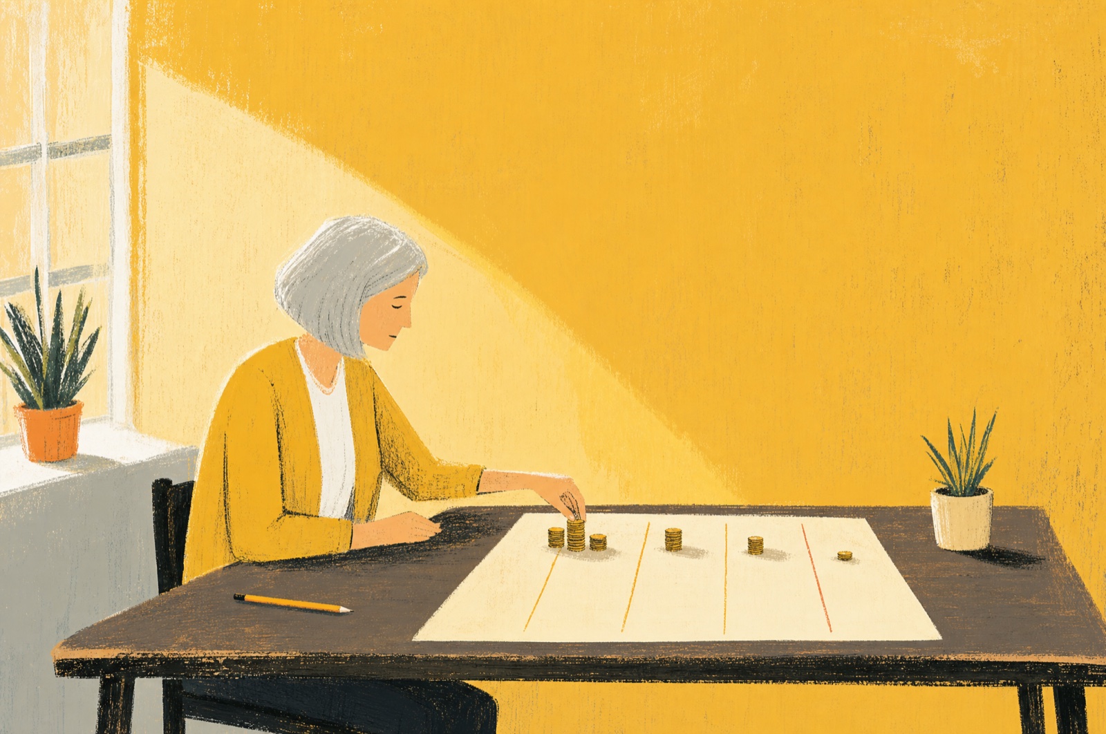 A woman at a desk in warm light laying out a budget in small stacks of coins