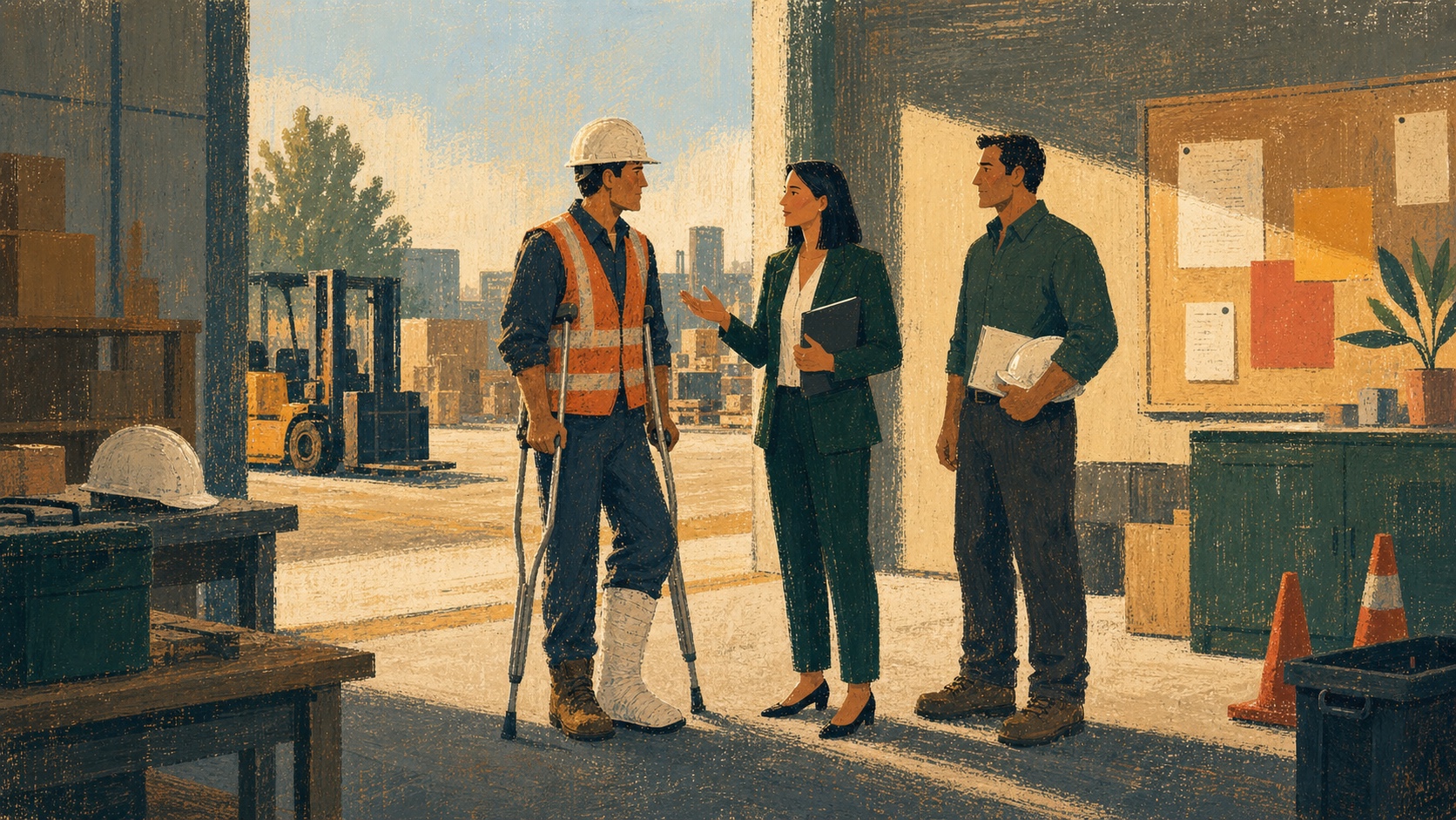 Illustration of a workers' comp attorney visiting a workplace injury site